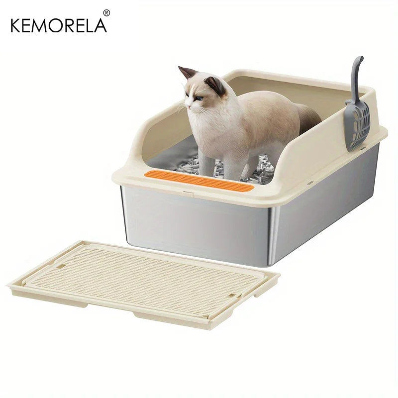 KEMORELA XL Stainless Steel Cat Litter Box with Anti-Splash Mat Cat Litter Box Axl