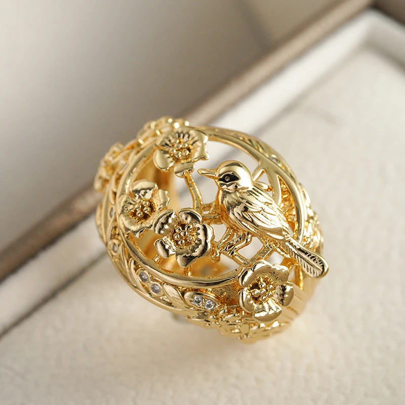 Huitan Gold Hollow Flower Bird Ring – Women's Fashion Jewelry Fashion Ring Axl