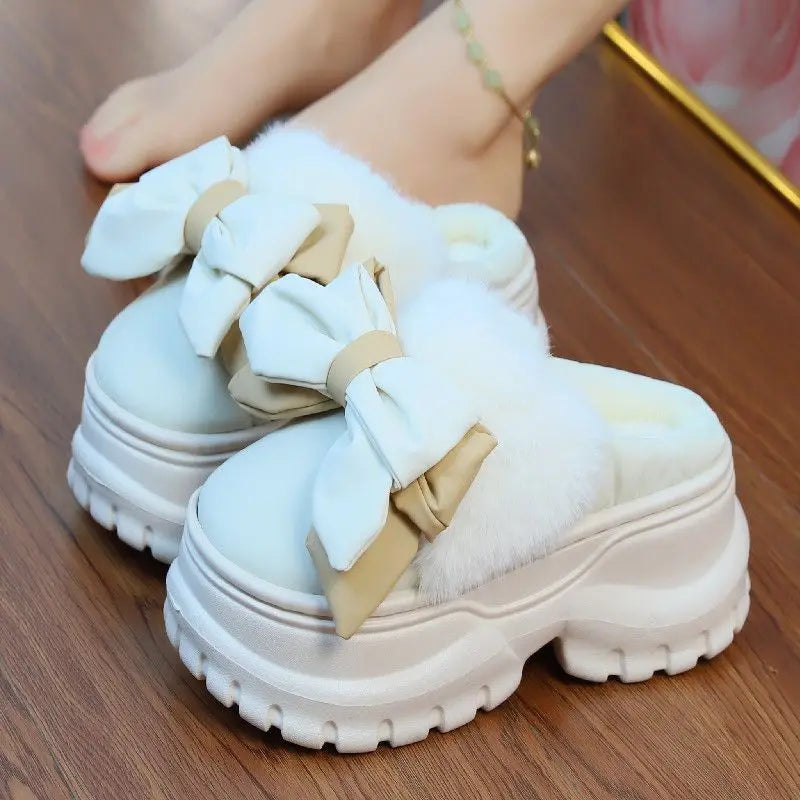Women's Bow Plush High-Heel Slippers – Warm Winter Slides Plush Heel Slippers Axl Beige slipper 36-37