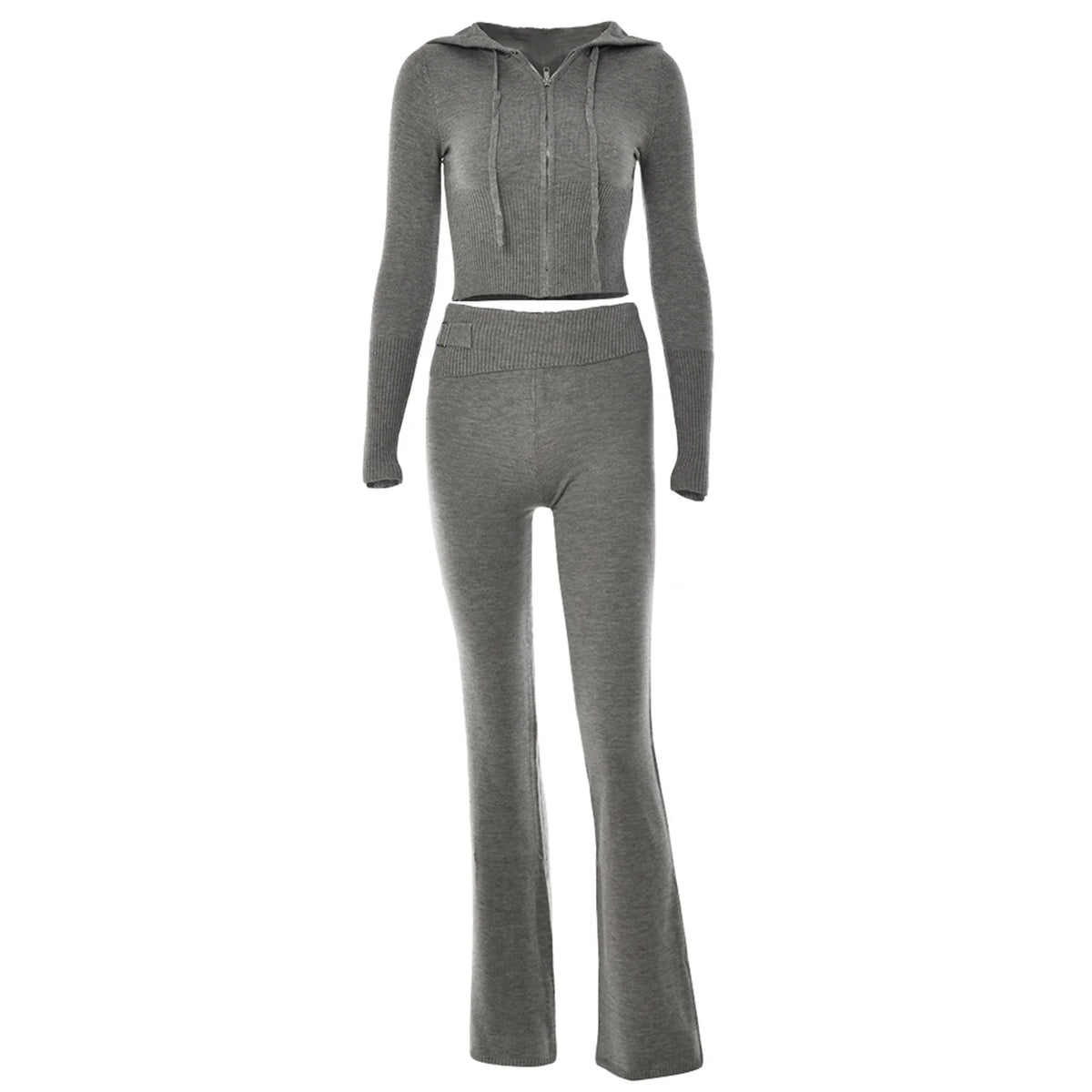 Women's Ribbed Knit Tracksuit – Hooded Crop Top & Flare Pants Women's Tracksuit Set Axl GRAY L