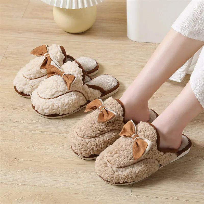 Women's Winter Plush Fur Slippers – Cute Bow Non-Slip Indoor Women's Indoor Slippers Axl