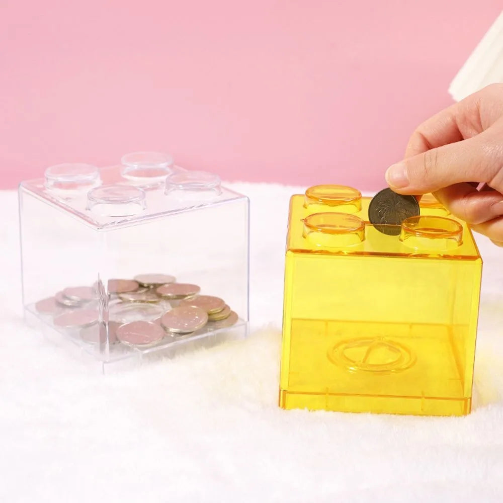 Building Block Piggy Bank – Transparent Plastic Coin Saving Box Piggy Bank Toy Axl
