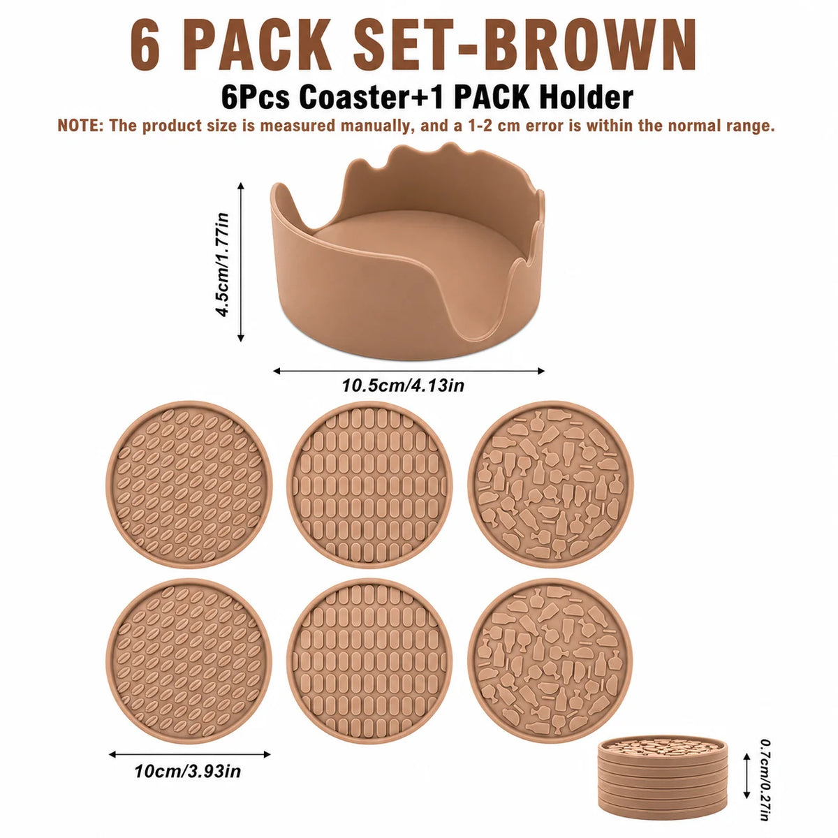 6-Pc Silicone Coasters Set with Holder & Dustproof Lid Silicone Coaster Set Axl 6 Pack Set- Brown