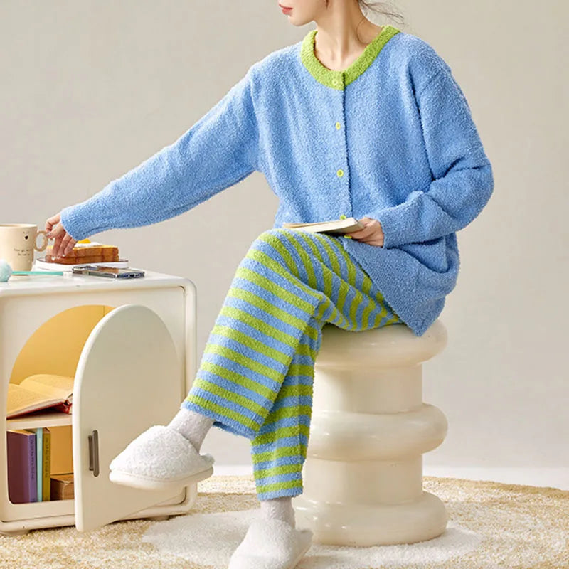 Women's Fleece Striped Pajama Set – Soft 2-Piece Winter Loungewear Pajama Set Axl