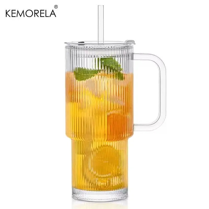 KEMORELA 700ml Striped Glass Cup with Lid, Straw & Handle Glass Drinking Cup Axl 1PCS-B 700ml