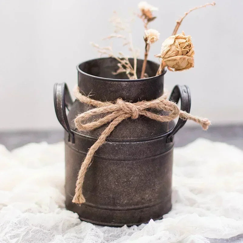 Retro Iron Milk Jug Vase – Vintage Rustic Tin Flower Pot Decor Decorative Vase Axl 1