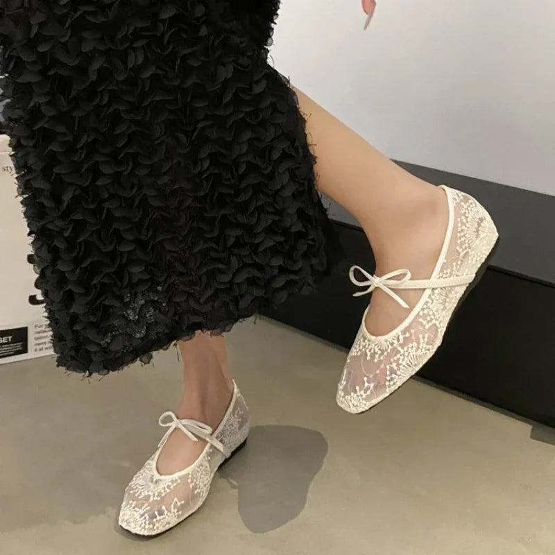 Women's Mesh Ballet Flats – Bow Embroidery Lightweight Shoes Women's Ballet Flats Axl