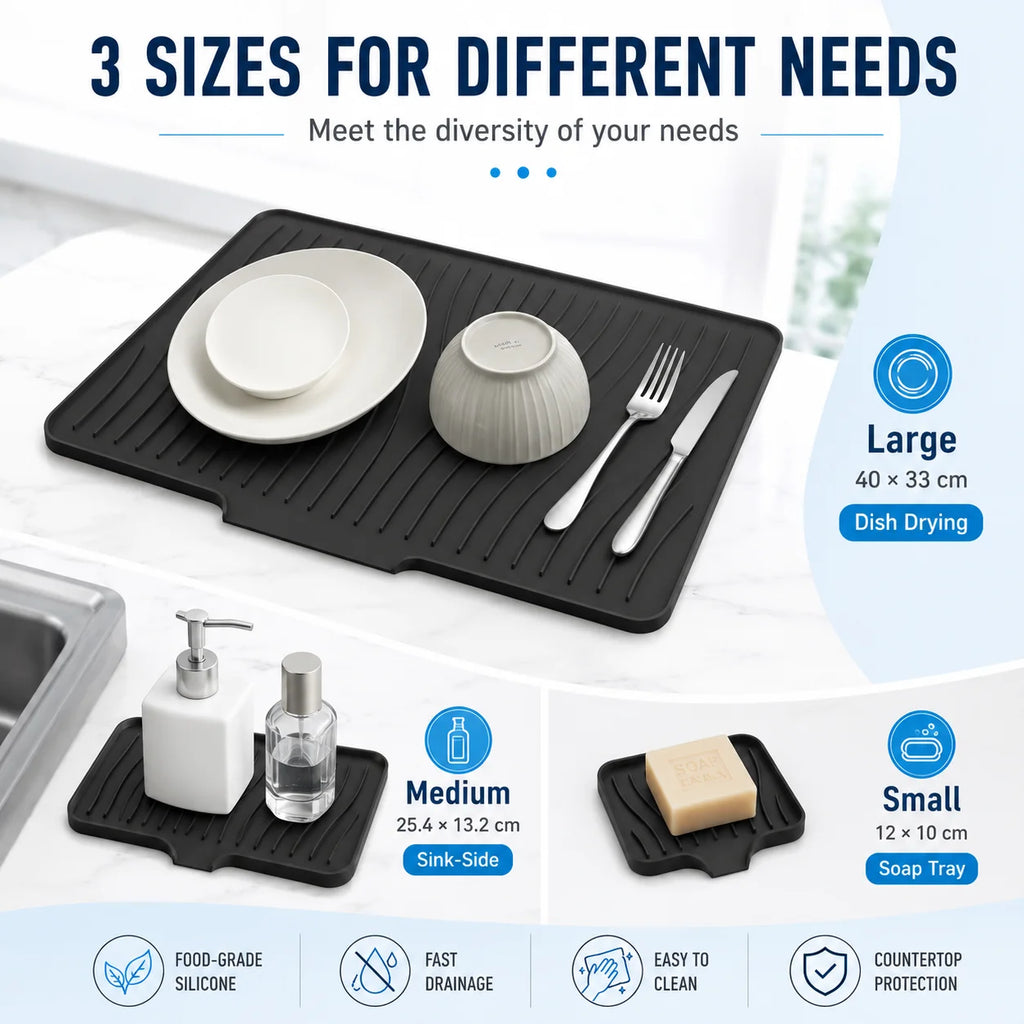 3-Piece Silicone Dish Drying Mat Set – Drainage & Trivet Dish Drying Mat Set Axl