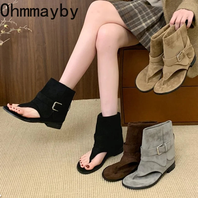 Women's Clip Toe Ankle Boot Sandals – Buckle Square Heel Ankle Boot Sandals Axl