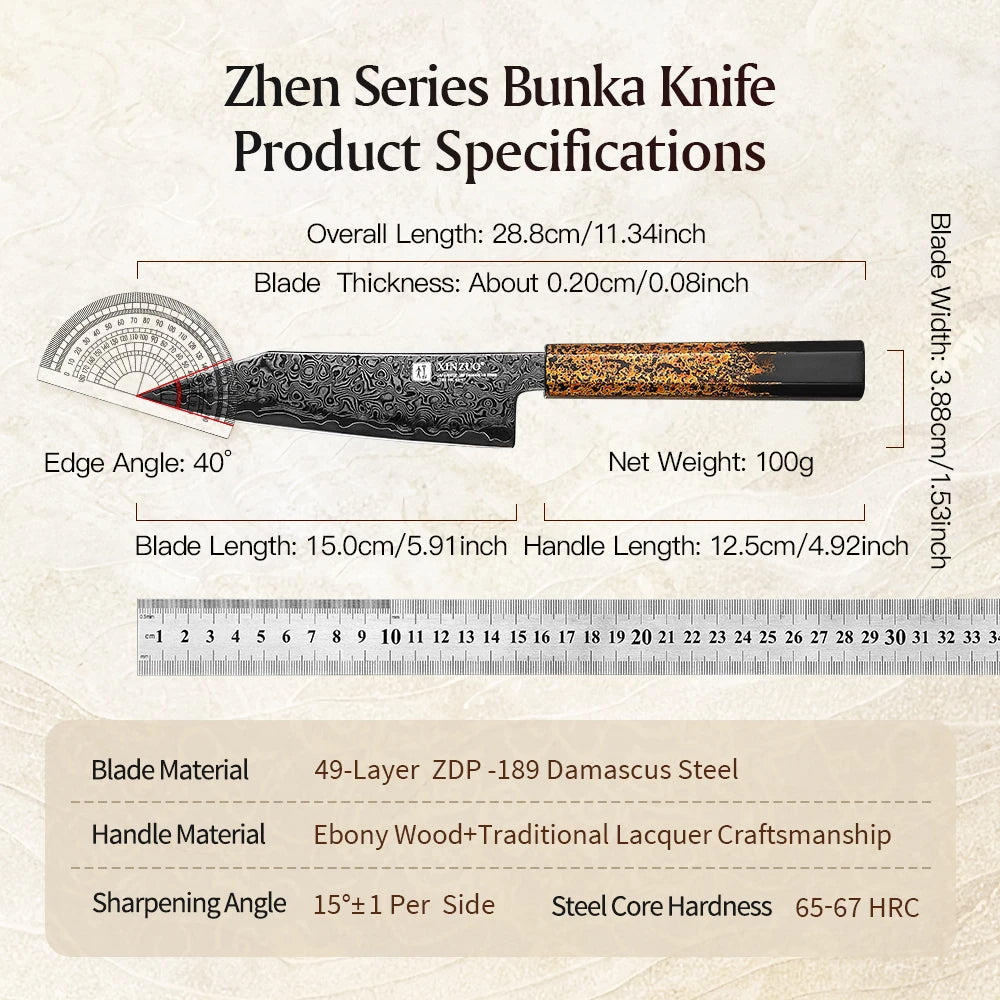 XINZUO 6" Mini Kiritsuke ZDP189 Damascus Knife – Ebony Handle Damascus Kitchen Knife Axl