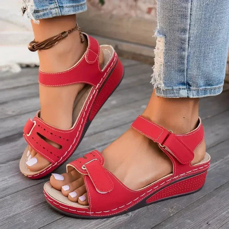 Women's Open Toe Wedge Sandals – Soft Buckle Summer Shoes Women's Wedge Sandals Axl 36 Red