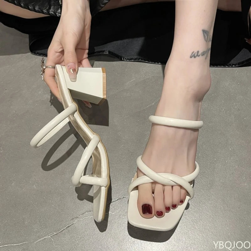 Women's Square Toe Block Heel Slippers – Retro Summer Style High Heel Slippers Axl