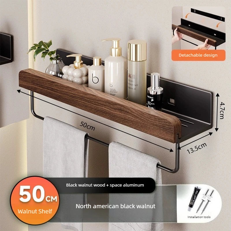 Walnut & Aluminum Wall Shelf – Bathroom Storage Rack Wall Storage Shelf Axl 50CM with Pole