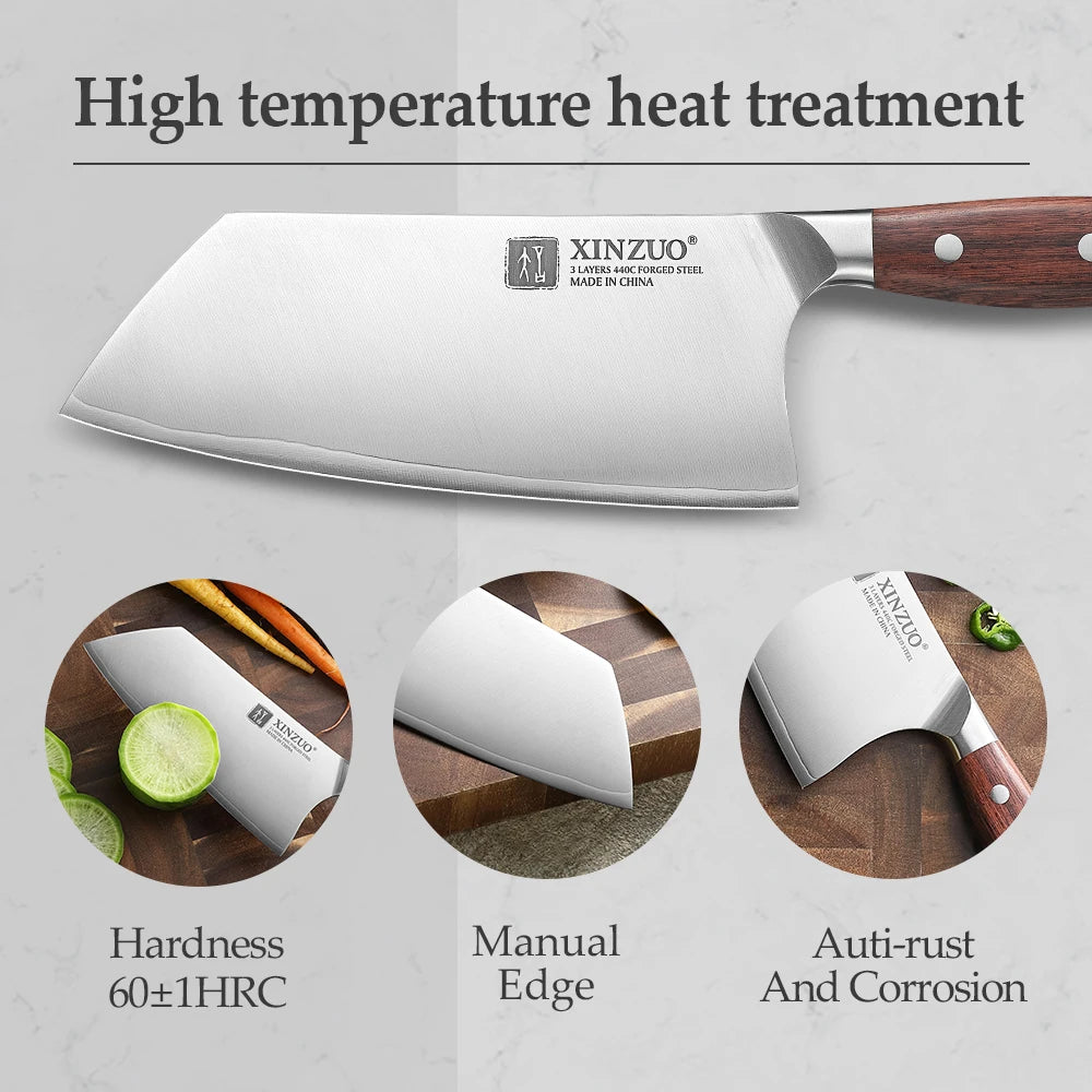 XINZUO 7-Inch Cleaver Knife – 440C Core, Red Wood Handle Cleaver Knife Axl
