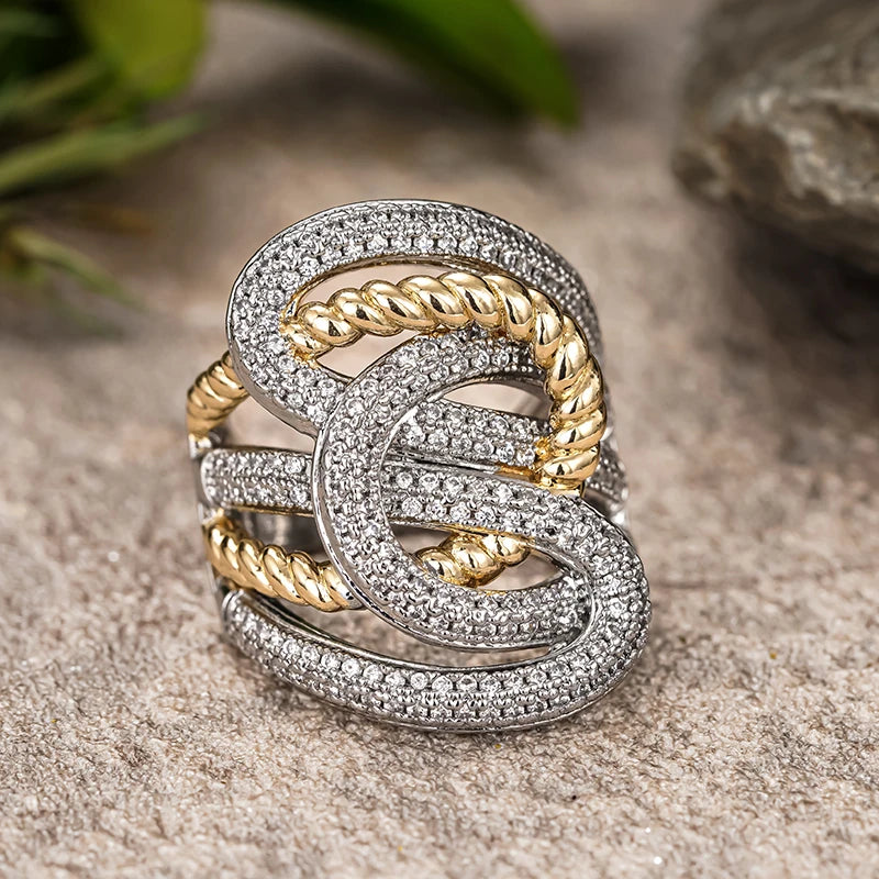Huitan Two-Tone CZ Cross Ring – Wide Band Women's Jewelry Fashion Ring Axl