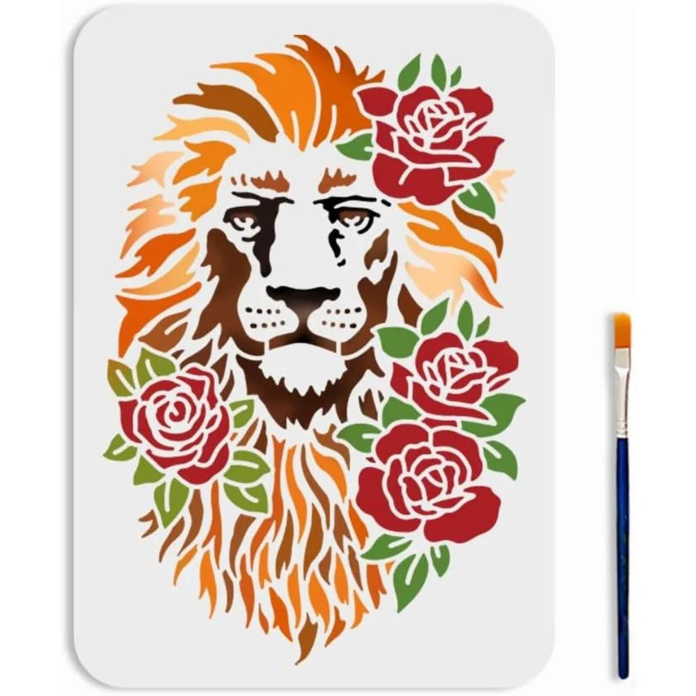 A4 Lion Flower Stencil – Reusable PET Art Template & Paint Brush Art Craft Stencil Axl AECH04-18667