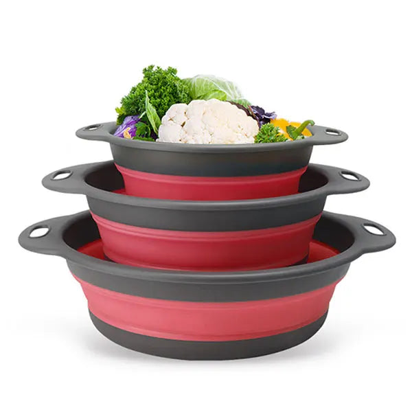 Foldable Colander Strainer Set & Self-Draining Base | 3/4 PCS Colander Strainer Set Axl 3PCS Red Set