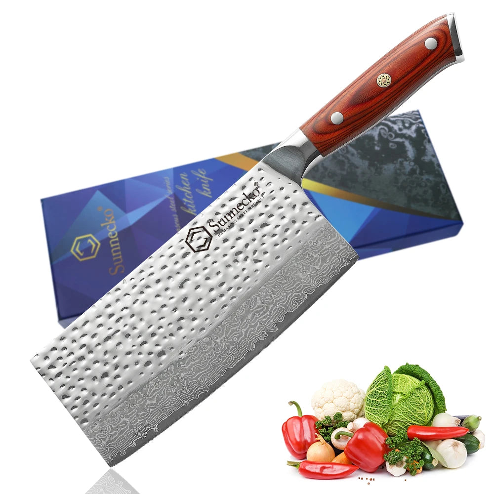 Sunnecko 7" Damascus Steel Cleaver Knife | Pakkawood Handle Damascus Cleaver Knife Axl China Mainland 7 inch