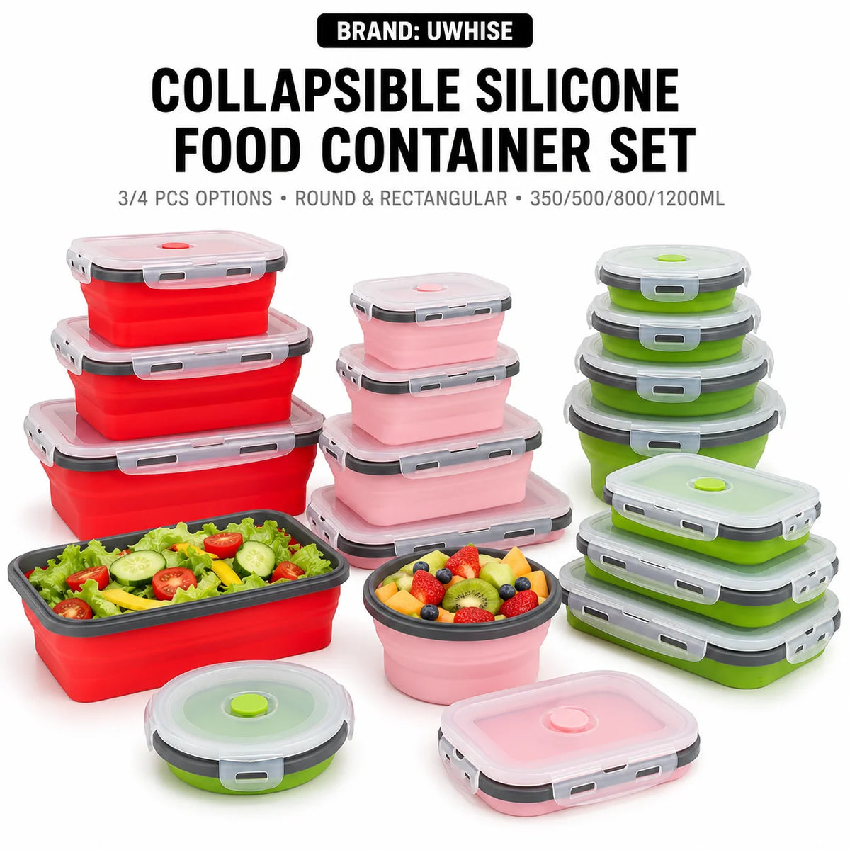Uwhise 4-Pack Collapsible Silicone Food Containers | Leakproof Silicone Food Containers Axl