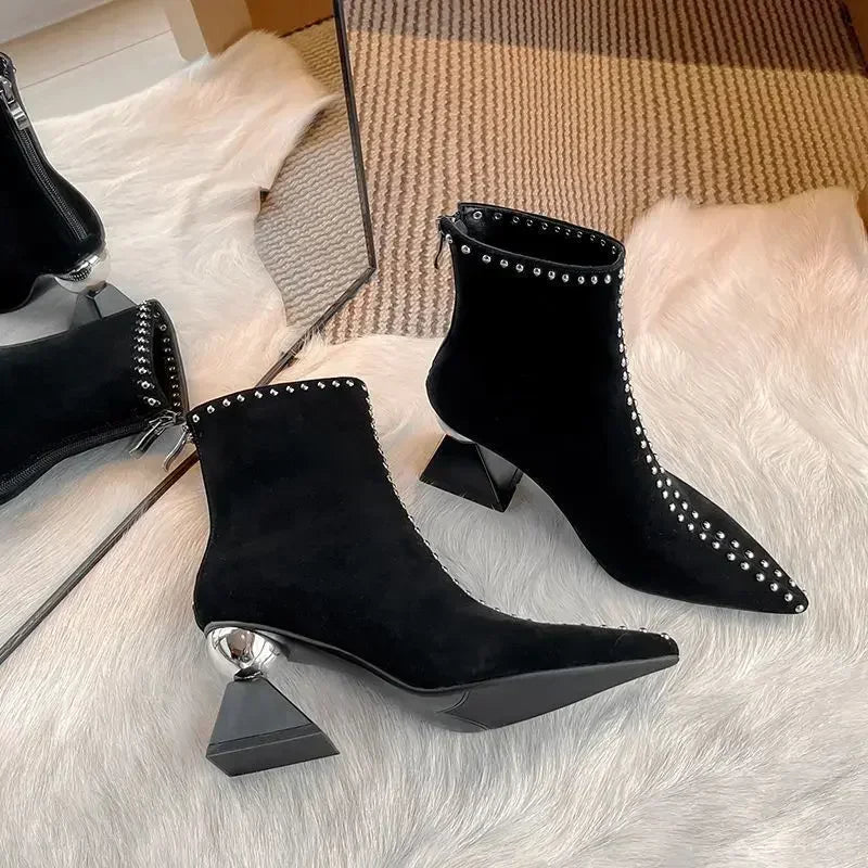 Women's Punk Ankle Boots Pointed Toe Spike Heel Back Zip Ankle Boots Axl