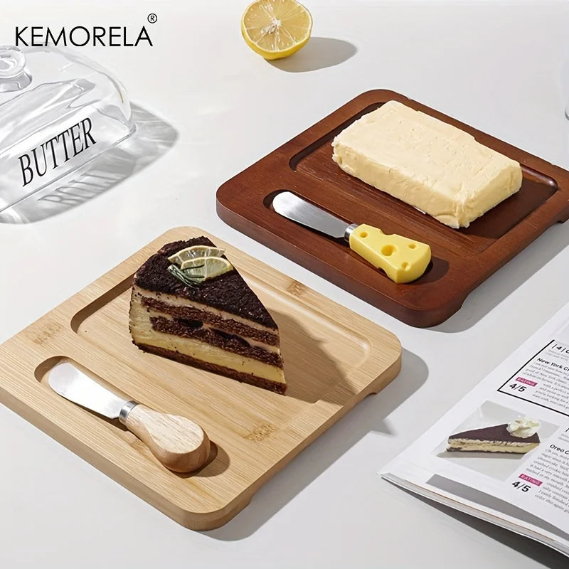 KEMORELA Wood Butter Dish with Glass Lid & Knife | Cheese Plate Butter Dish Set Axl