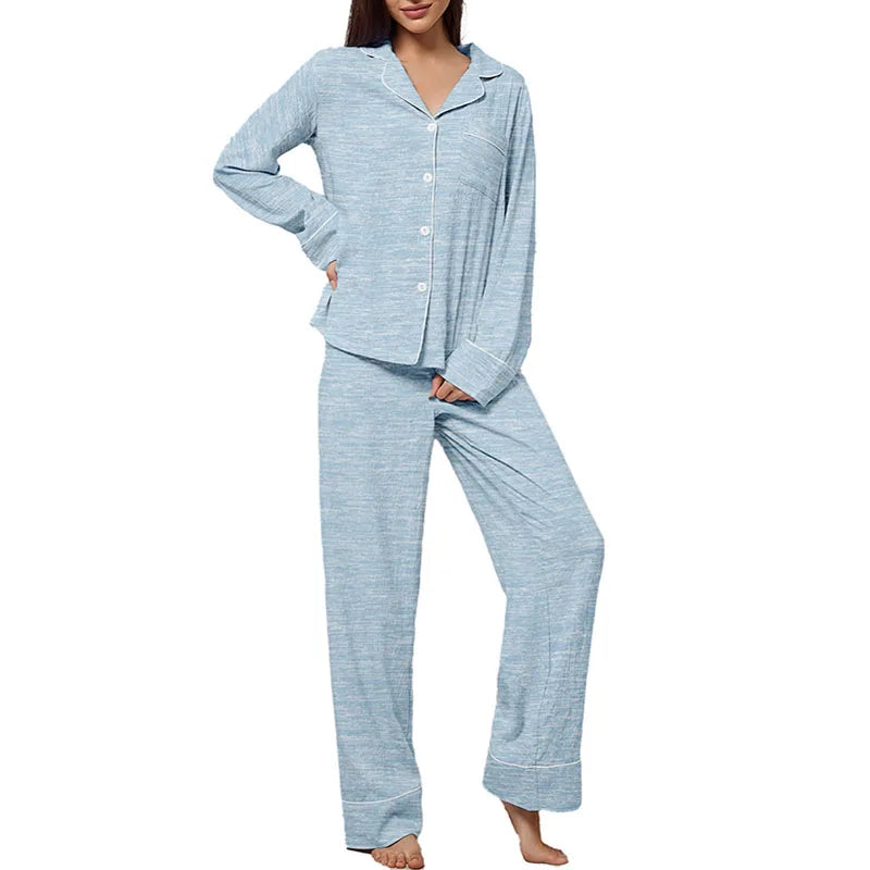 Women's Lapel Pajama Set – 2-Piece Long Sleeve Loungewear Women's Pajama Set Axl blue-2 1XL