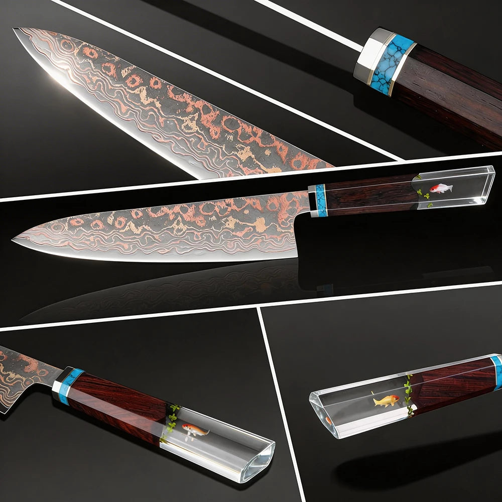 XITUO 8-Inch Copper Damascus Chef Knife – 33-Layer Forged Damascus Chef Knife Axl