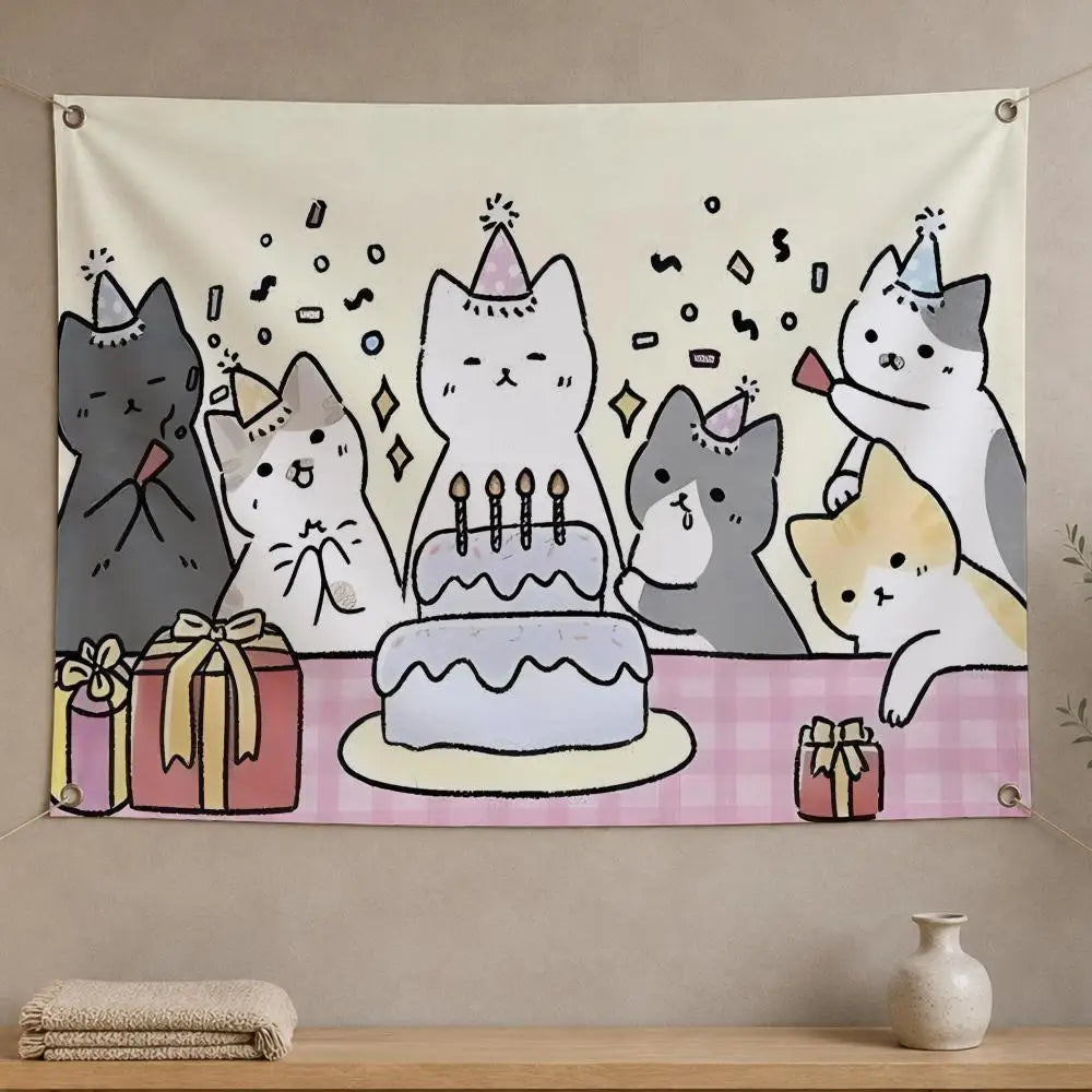 Kawaii Cat Wall Hanging Flag Banner – Room & Party Décor Wall Hanging Banner Axl White04 50x70cm