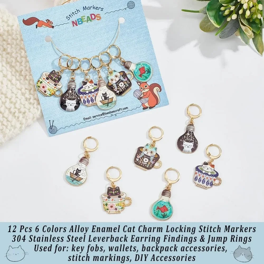 12 Pcs Cat Crochet Stitch Markers – 6 Colors Enamel Locking Charms Crochet Stitch Markers Axl