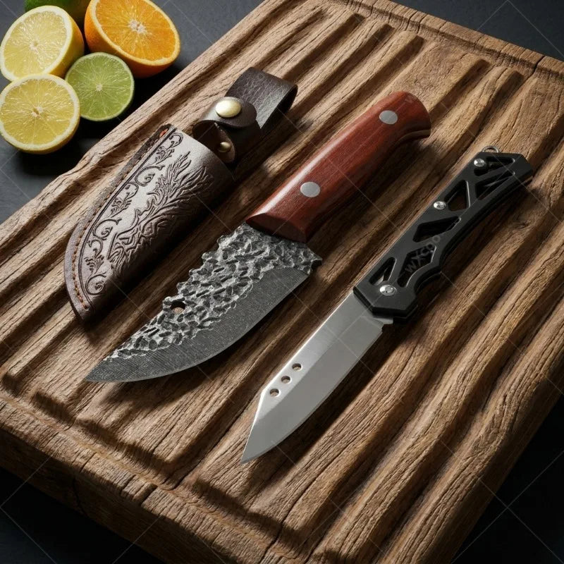 WXCOO Handcrafted Kitchen & Folding Knife Combo | Wood Handle Kitchen Knife Set Axl
