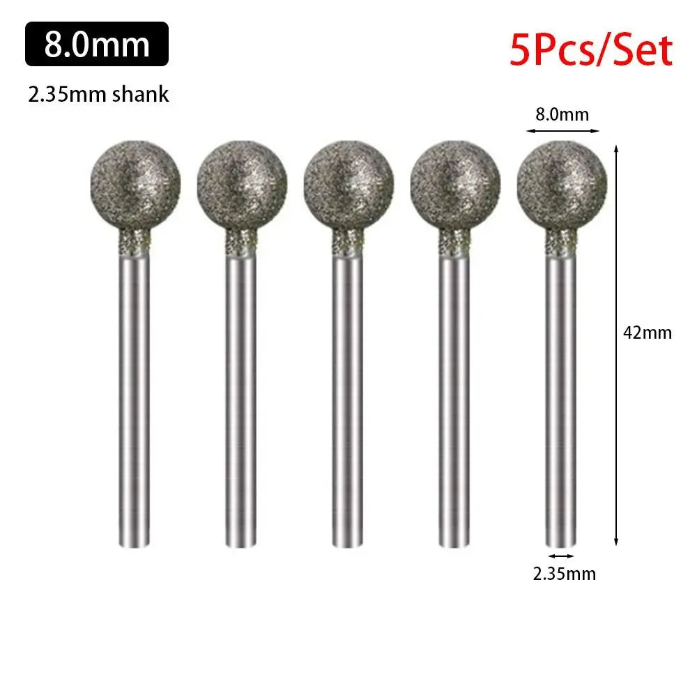5-Pc Diamond Spherical Burr Set – 2.35mm Shank, 0.5–8mm Diamond Grinding Burr Axl 8.0mm