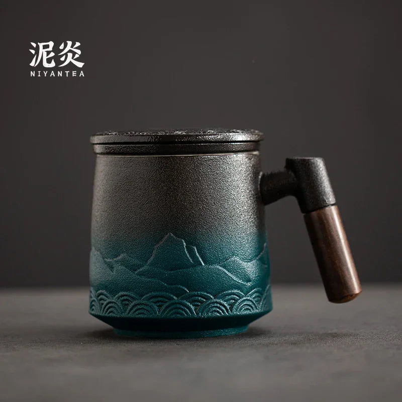 Japanese Ceramic Tea Mug with Lid, Strainer & Wood Handle Ceramic Tea Mug Axl 301-400ml A
