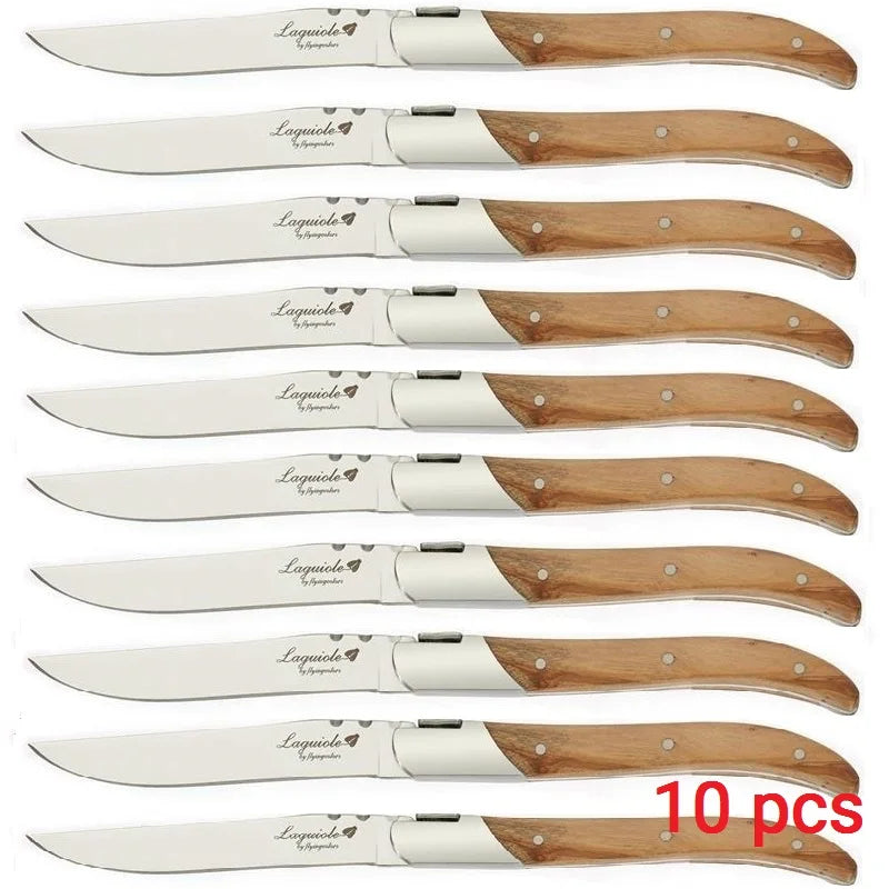 Laguiole Steak Knife Set – Olive Wood Handle, Polished Blade Steak Knife Set Axl 10pcs knives