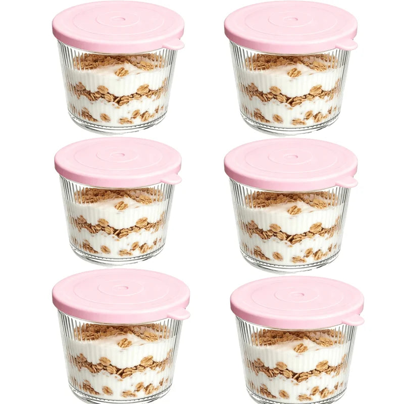 KEMORELA Glass Bowls with Lids – Stackable Striped Set Glass Storage Bowls Axl 6PCS Pink