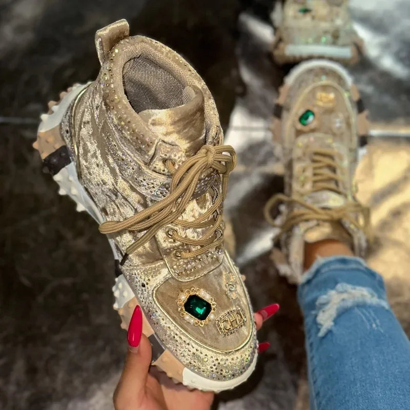 Women's Rhinestone High-Top Sneaker Boots | Thick Sole Lace-Up High-Top Sneaker Boots Axl