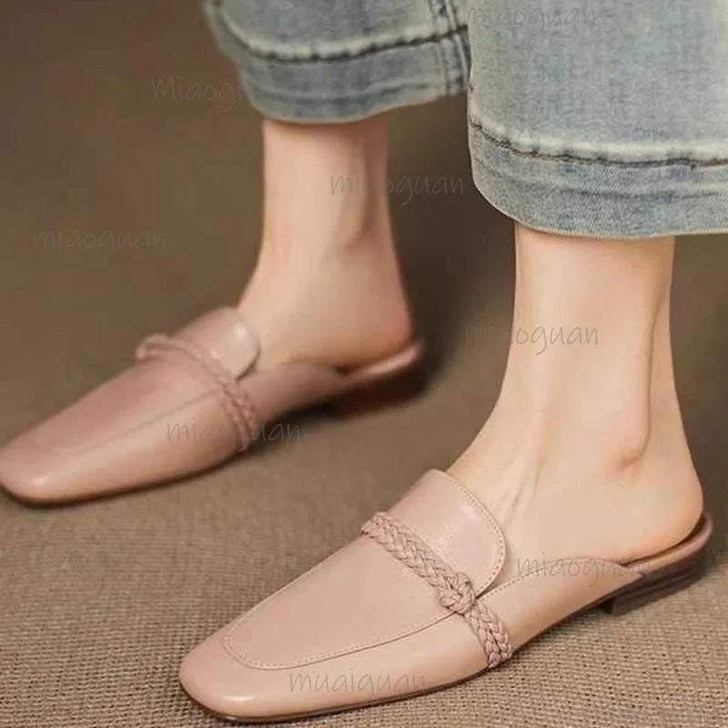 Women's Low Heel Half Slippers – Soft PU Leather Slide Sandals Women's Slide Sandals Axl