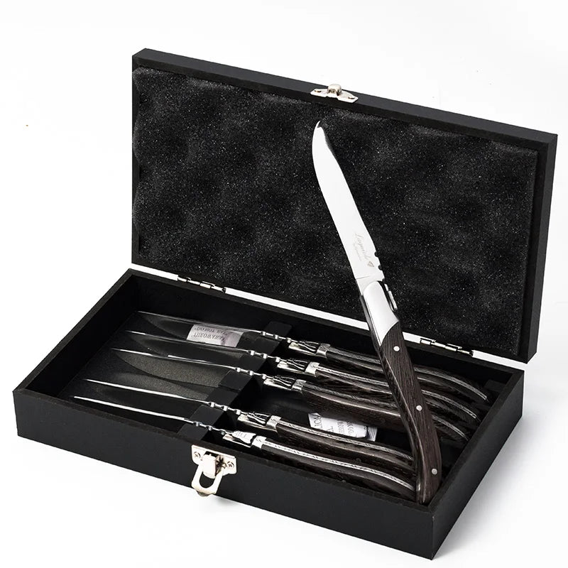 6-Piece Laguiole-Style Steak Cutlery Set – Wenge Wood Handle Cutlery Flatware Set Axl 6 knife with box