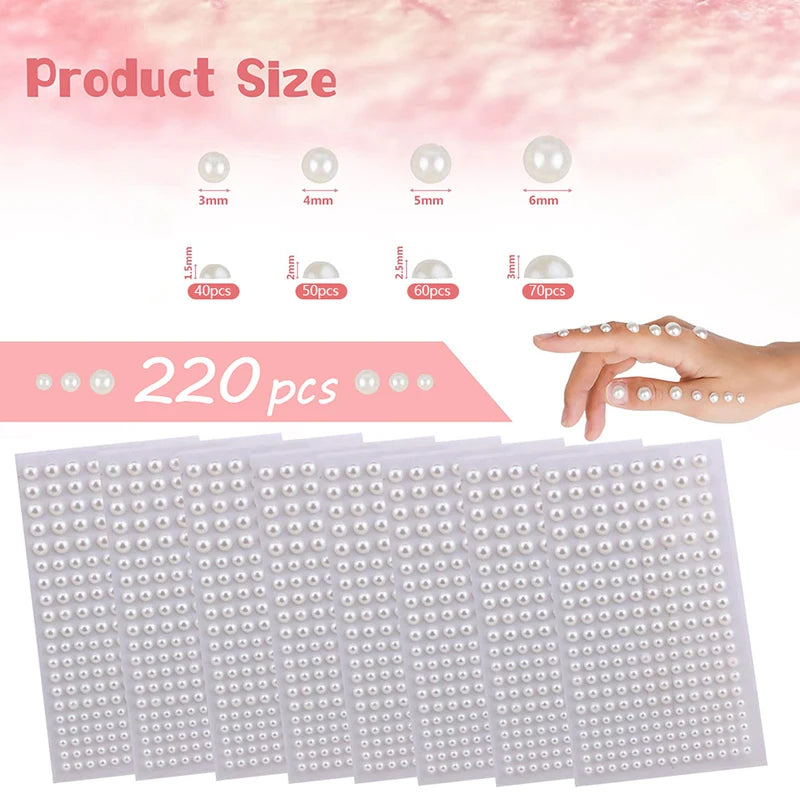 220Pcs Mixed Pearl Stickers 3–6mm | Nail Art & DIY Decor Nail Art Stickers Axl