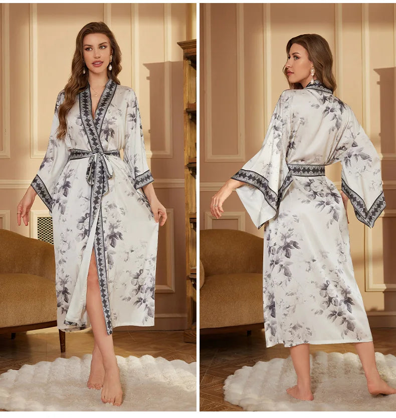 Women's Satin Floral Robe – Long Sleeve Lace-Up Bathrobe Satin Bathrobe Axl 3402-2 One Size