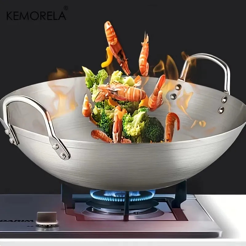 KEMORELA 30cm Stainless Steel Wok – Uncoated Dual Handle Pan Stainless Steel Wok Axl