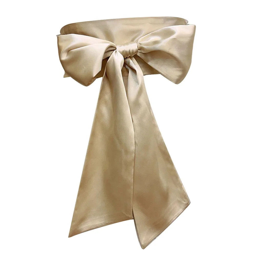 Women's Satin Bow Waist Belt – Wide Cummerbund Ribbon Strap Satin Waist Belt Axl Champagne
