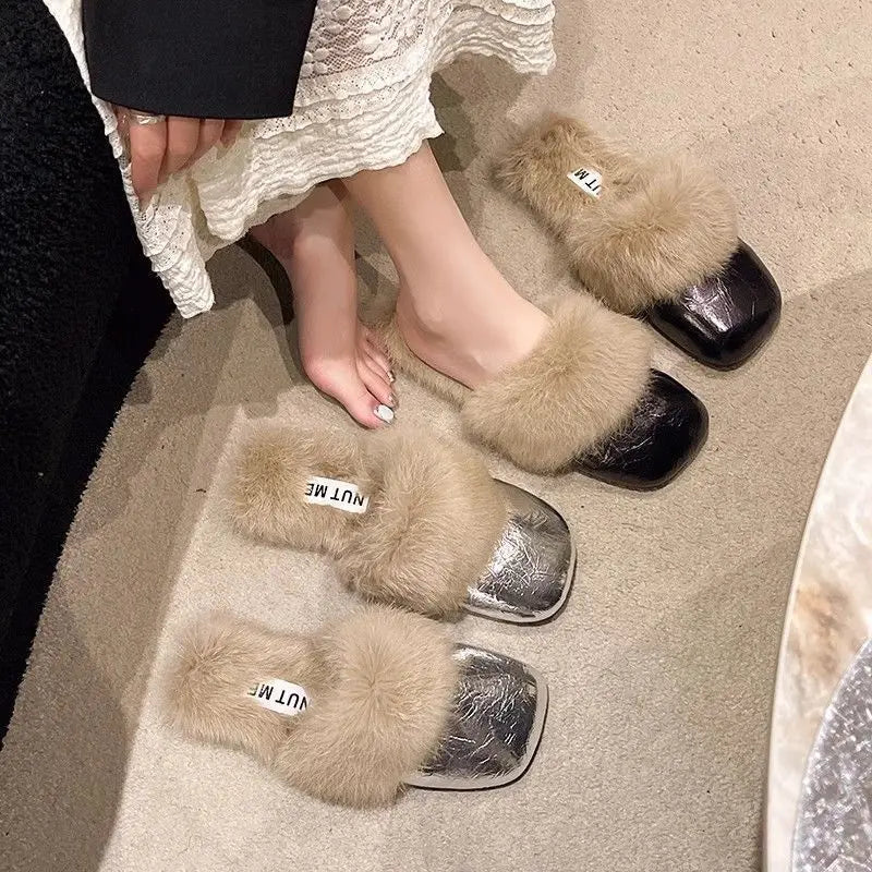 Women's Plush Flat Half Slippers – Warm Non-Slip Winter Shoes Plush Flat Slippers Axl