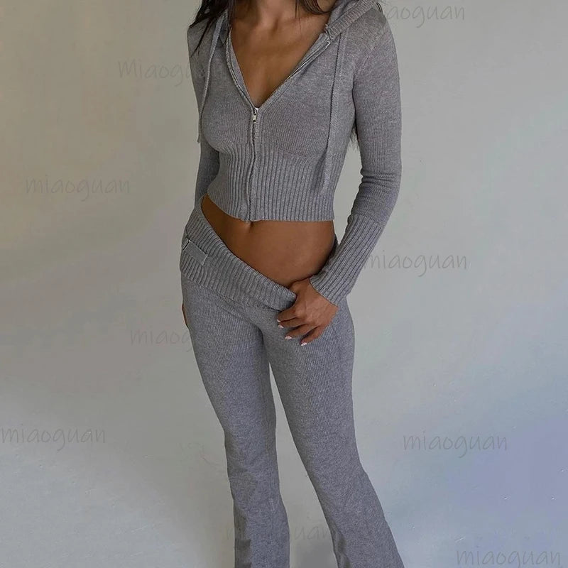Women's Ribbed Knit Tracksuit – Hooded Crop Top & Flare Pants Women's Tracksuit Set Axl