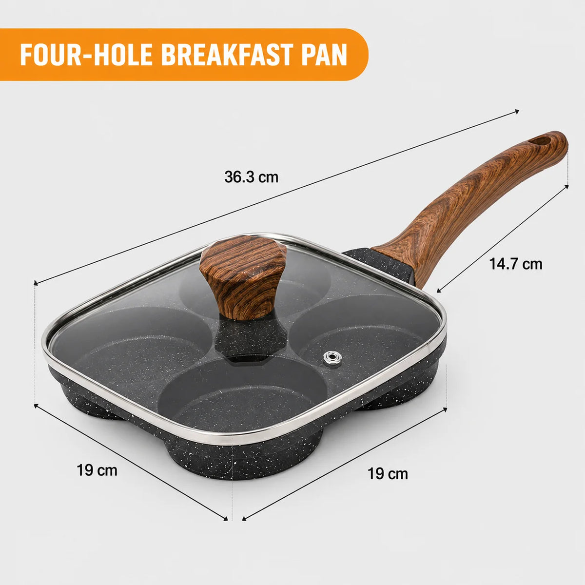4-Section Nonstick Egg Frying Pan with Glass Lid – All Stoves Divided Omelet Pan Axl 4 Hole-Black