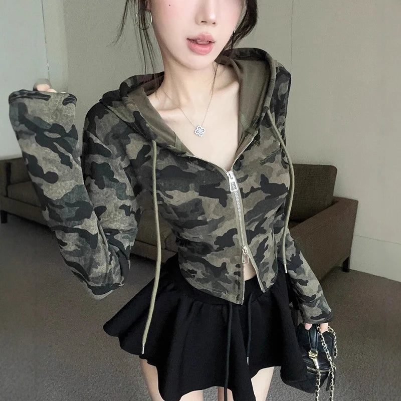Women's Camo Hooded Crop Jacket – Zip Up Slim Fit Streetwear Crop Hoodie Jacket Axl