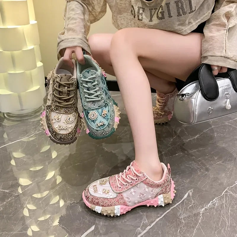 Women's Rhinestone Platform Sneakers | Luxury Lace-Up Shoes Platform Sneakers Axl