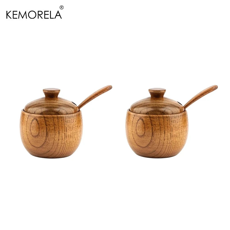 KEMORELA 2-Pack Retro Wood Condiment Jars with Lid & Spoon Condiment Container Set Axl 2PCS