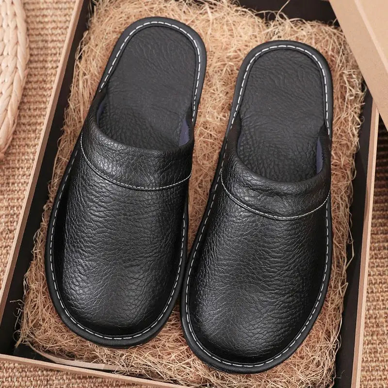 Lorilury Non-Slip Waterproof Indoor Leather Slippers Men Women Indoor Slippers Axl