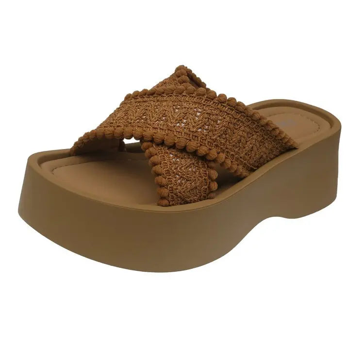 Woven Chunky Platform Sandals – Bohemian Cross-Strap Beach Heels Platform Sandals Axl Brown 35