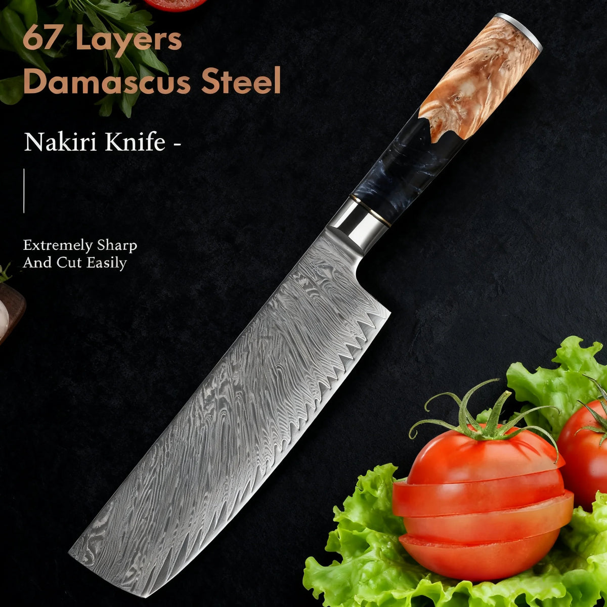 67-Layer Damascus Steel Nakiri Knife – Vegetable Cleaver Damascus Kitchen Knife Axl